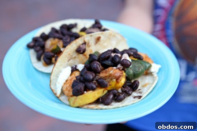plate of two tortillas with chicken, squash, and topped with black beans