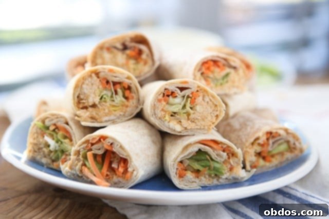 plate of wraps with various vegetables and chicken salad cut in half and stacked on each other