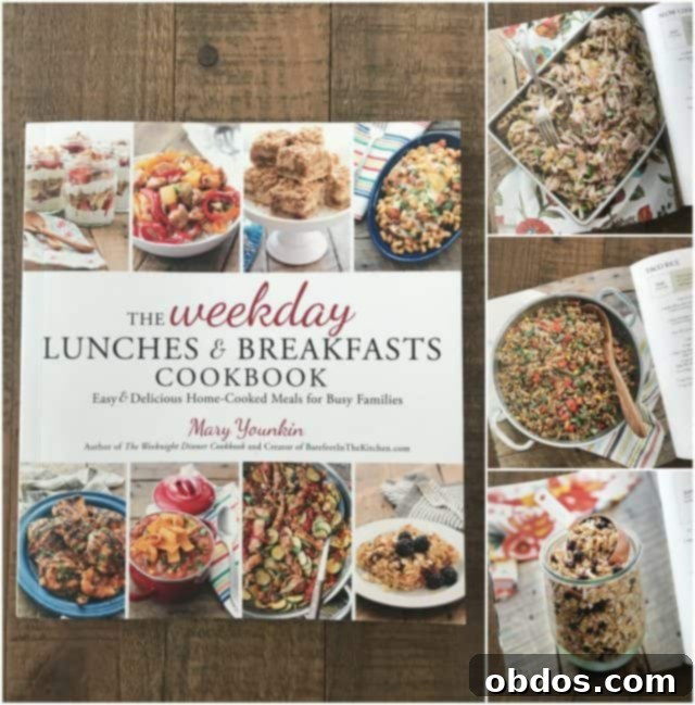 φωτογραφικό κολάζ του βιβλίου Weekday Lunches & Breakfasts Cookbook συν 3 φωτογραφίες συνταγών από το βιβλίο