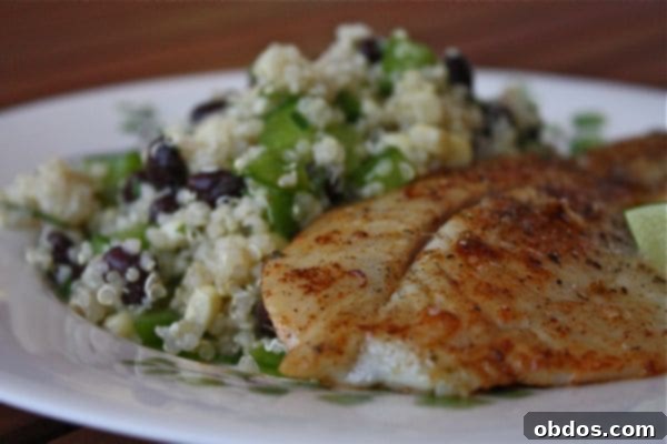 Chili Rubbed Fish with Quinoa, Black Bean and Corn Salad