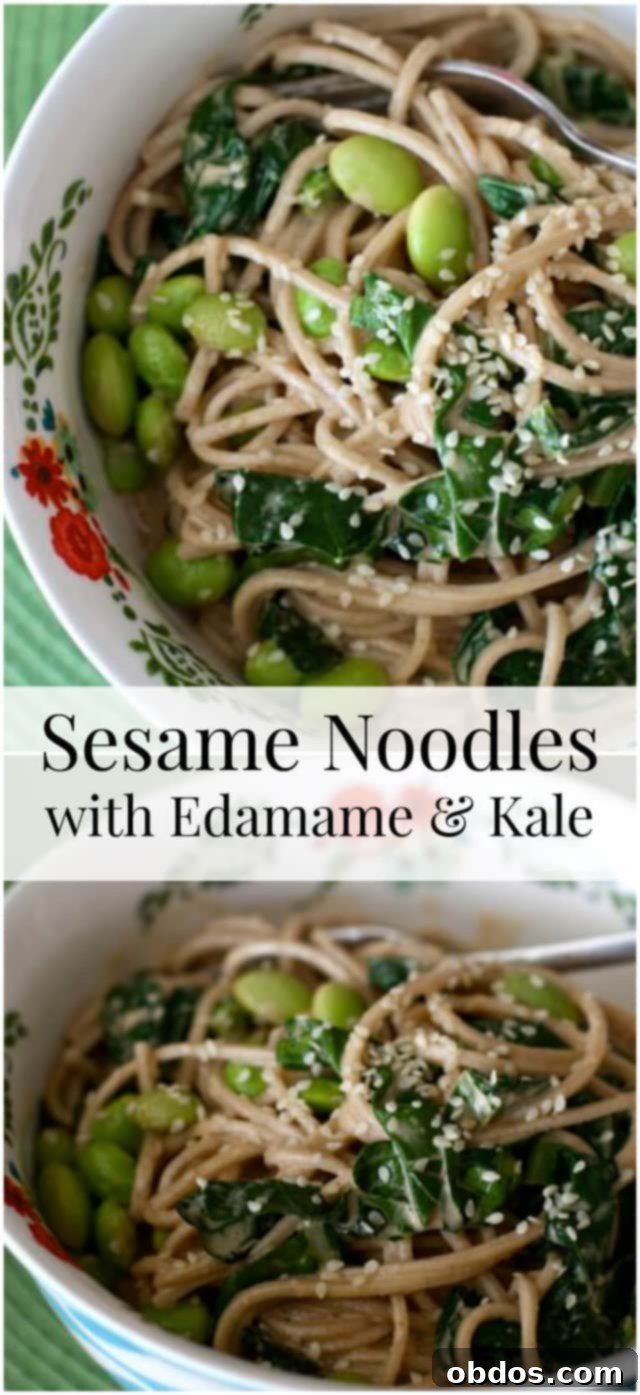 Κολάζ φωτογραφιών με Νουντλς με Σουσάμι, Edamame και Λάχανο - ένα ελαφρύ, αλλά πλούσιο σε πρωτεΐνη χορτοφαγικό πιάτο που θα λατρέψει η οικογένειά σας.