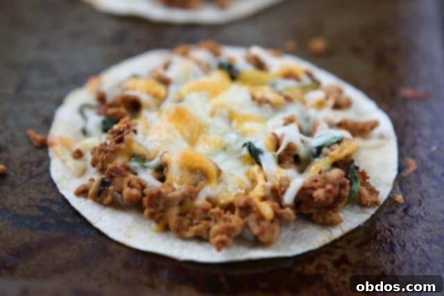 Κοντινή άποψη των ψητών tostadas με γαλοπούλα, σπανάκι και λιωμένο τυρί