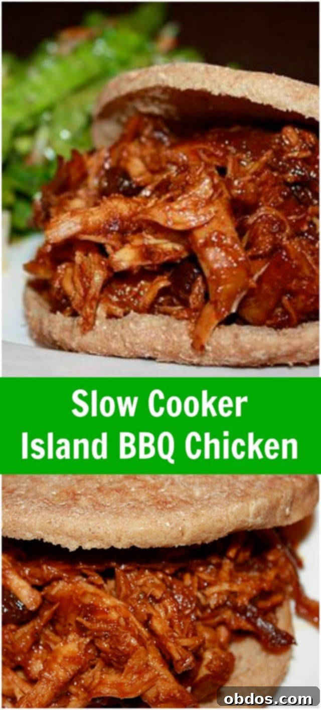 Σάντουιτς με Νησιώτικο Κοτόπουλο BBQ σε Αργό Μαγειρευτή - ένας εύκολος τρόπος να ετοιμάσετε το δείπνο. Μια φρουτώδης εκδοχή του shredded κοτόπουλου μπάρμπεκιου! Συνταγή μέσω aggieskitchen.com